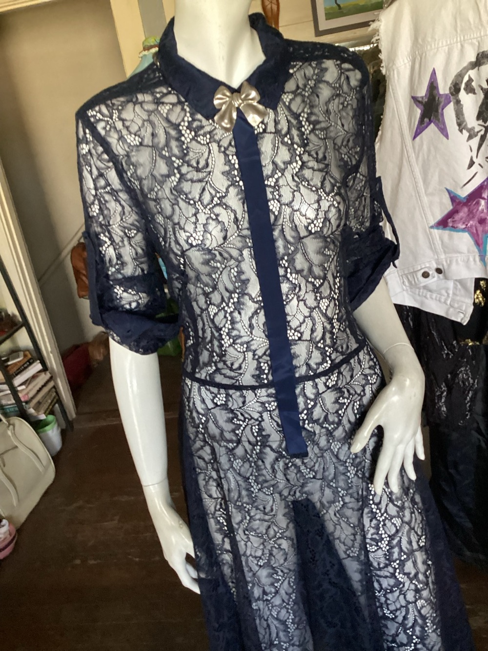 BCBGMaxAzria Navy Lace Sheer Button-Front Dress